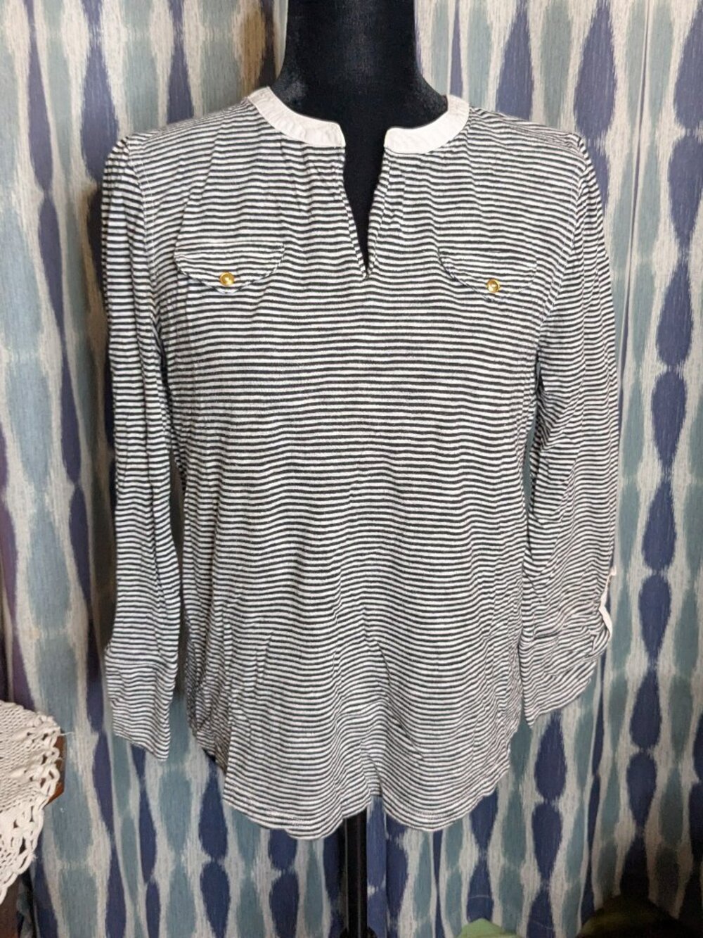 Jones New York Sport Striped Top L Black White Gold Accent Long Sleeve